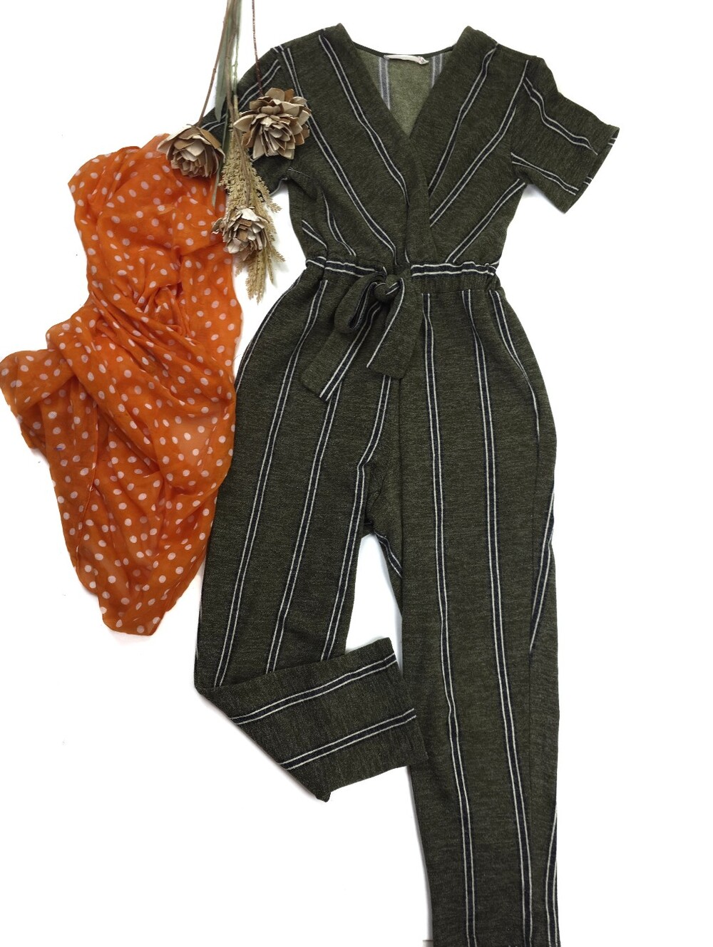 Lush Olive Stripe Tie-Waist Jumpsuit - Women Sz S